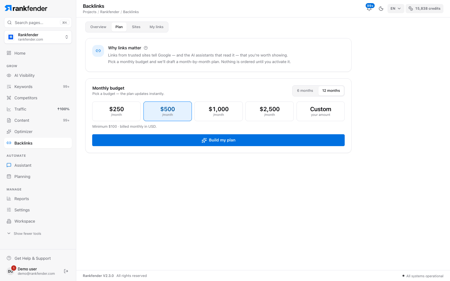 Plan tab: Monthly budget tiers, 6 months / 12 months, Build my plan, and the month-by-month roadmap
