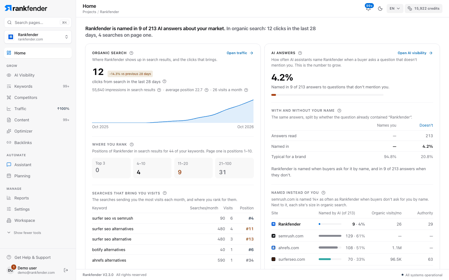 Top of Home: status sentence, setup log and the first two cards