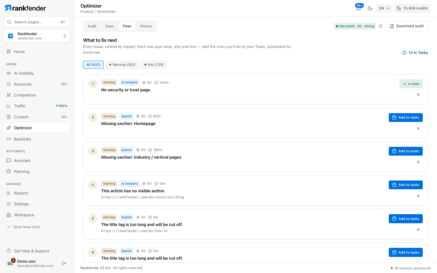 Fixes tab: What to fix next, severity filters and numbered action cards with Add to tasks