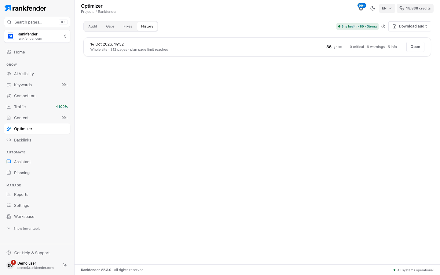 History tab: Audit history, one row per audit with date, pages, score and change