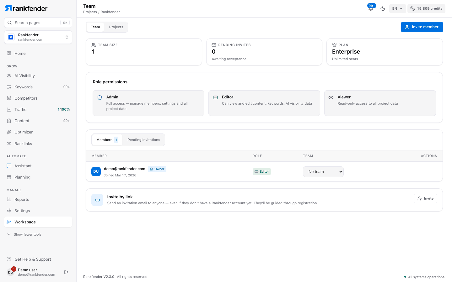 The Team page: Invite member, the seat tiles, Role permissions, and the Members and Pending invitations tabs