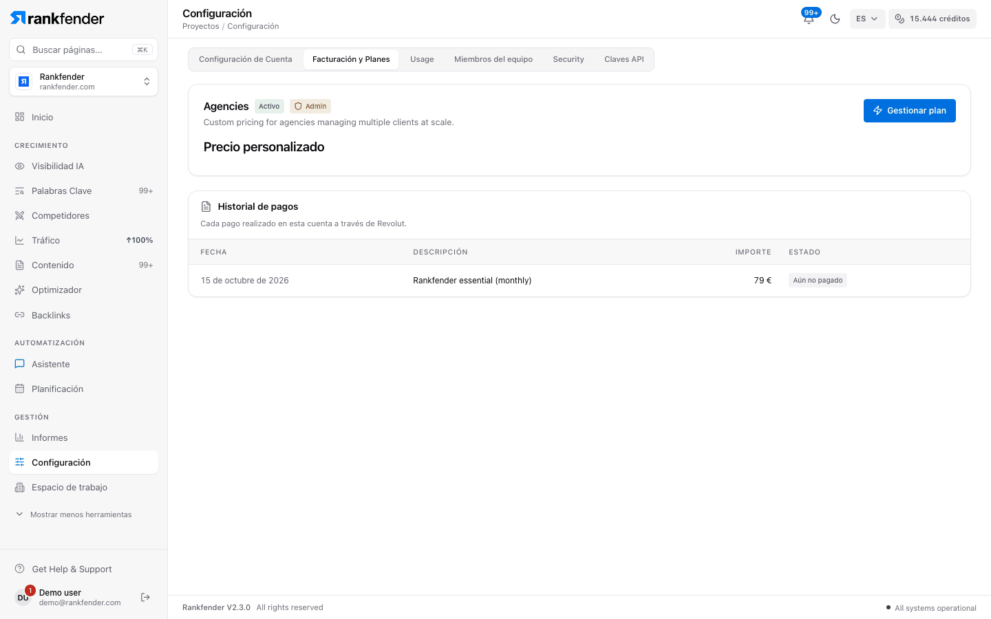 Configuración de la cuenta, pestaña Facturación y Planes: la tarjeta del plan actual con su estado y el botón para gestionarlo, y la tabla Historial de pagos