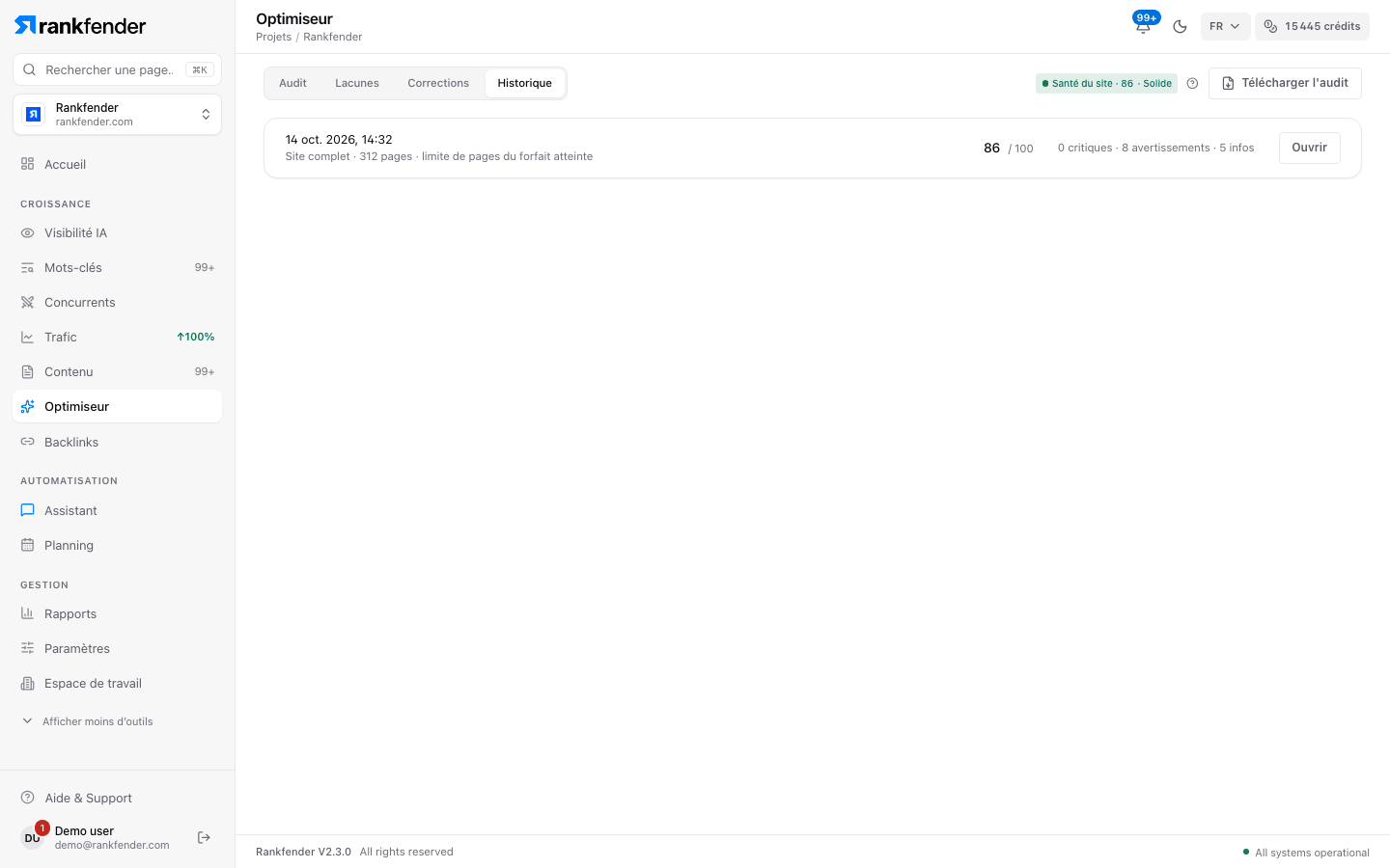 Onglet Historique : Historique des audits, une ligne par audit avec date, pages, score et évolution