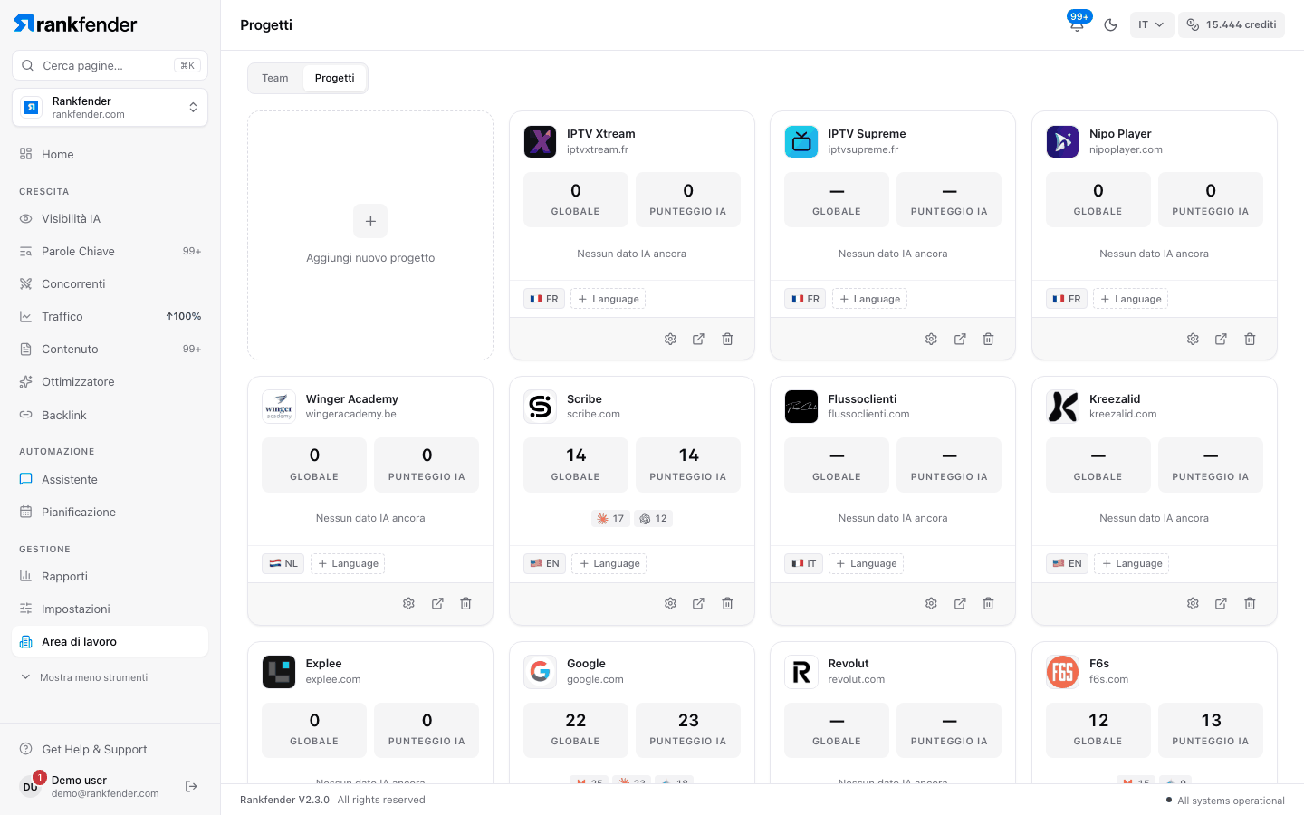 Pagina Progetti con le schede dei brand e le lingue