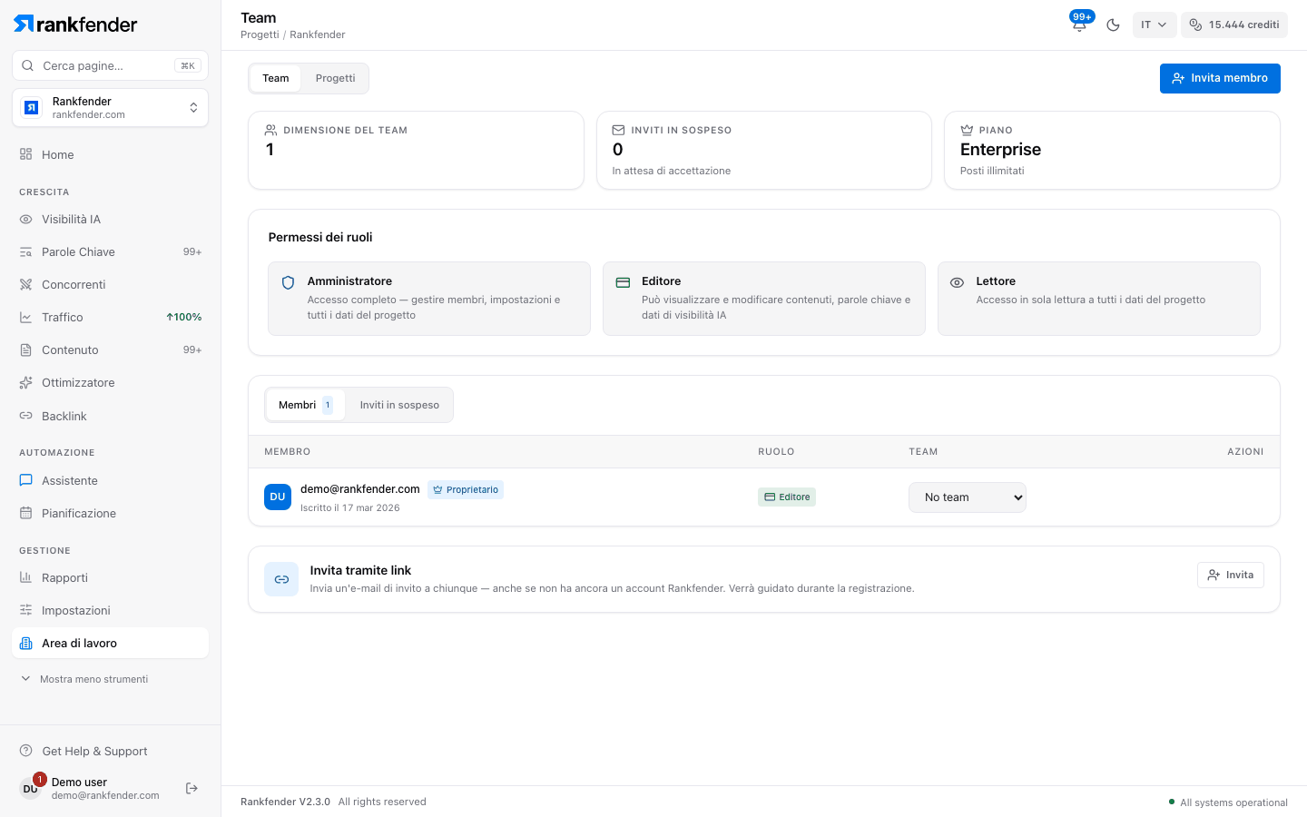 La pagina Team: Invita membro, i riquadri dei posti, Permessi dei ruoli e le schede Membri e Inviti in sospeso