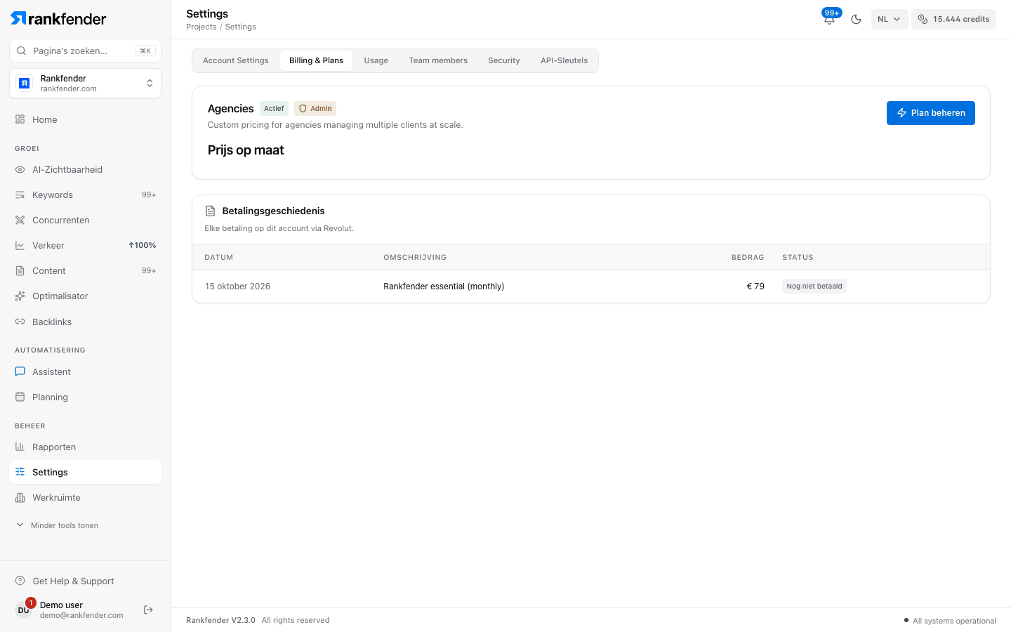 Accountinstellingen, tab Billing & Plans: de kaart van het huidige abonnement met status en beheerknop, en de tabel Betalingsgeschiedenis