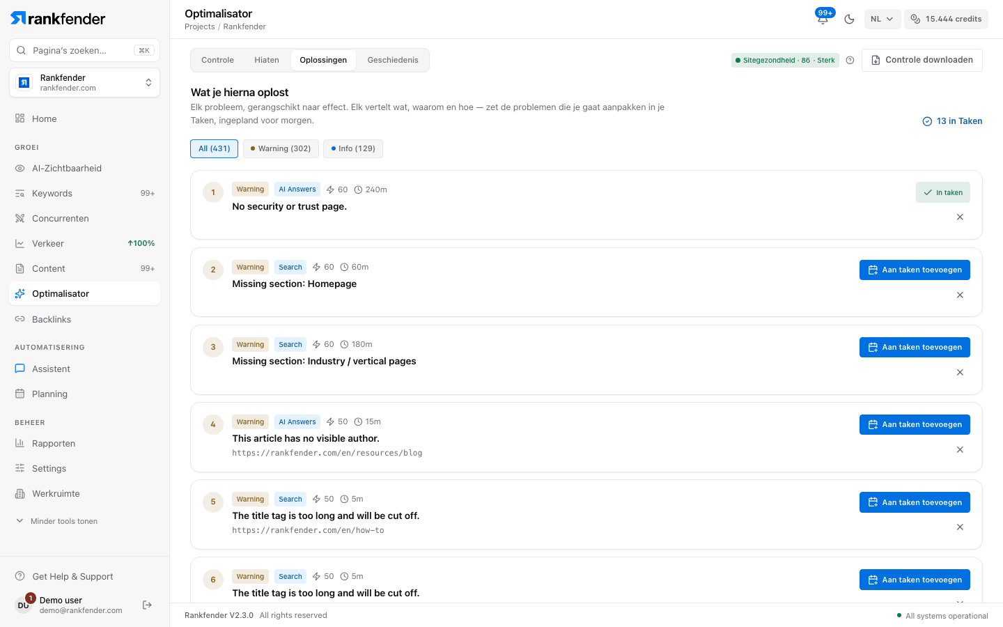 Tab Oplossingen: Wat je hierna oplost, filters per niveau en genummerde actiekaarten met Aan taken toevoegen