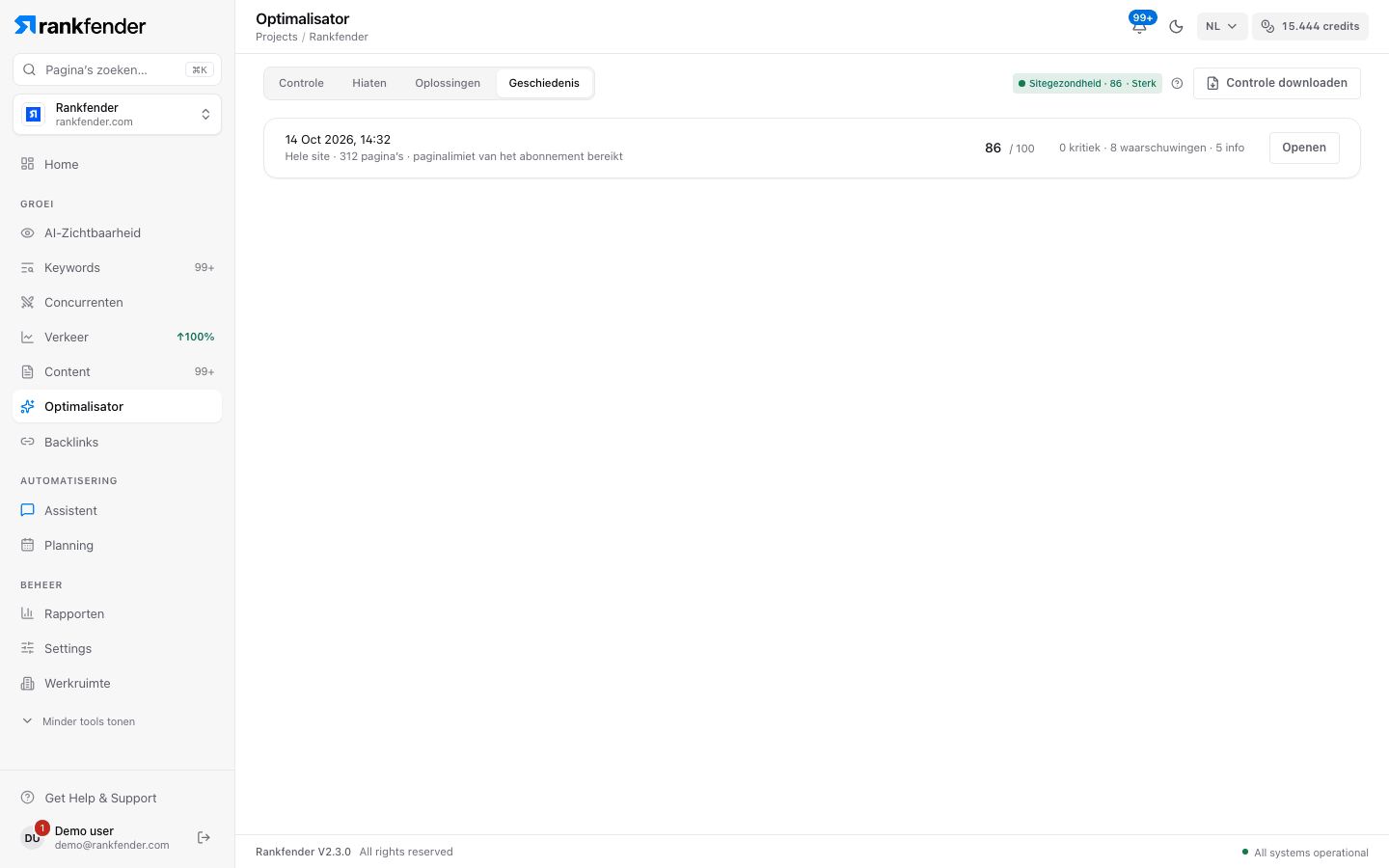 Tab Geschiedenis: Auditgeschiedenis, één rij per controle met datum, pagina's, score en verandering
