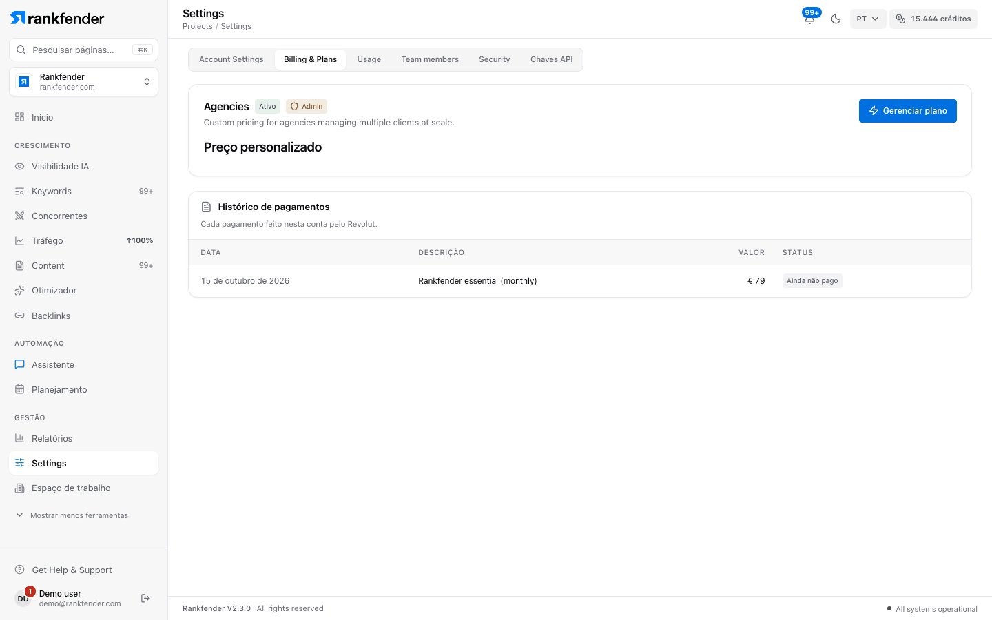 Configurações da conta, aba Billing & Plans: o cartão do plano atual com o status e o botão de gestão, e a tabela Histórico de pagamentos