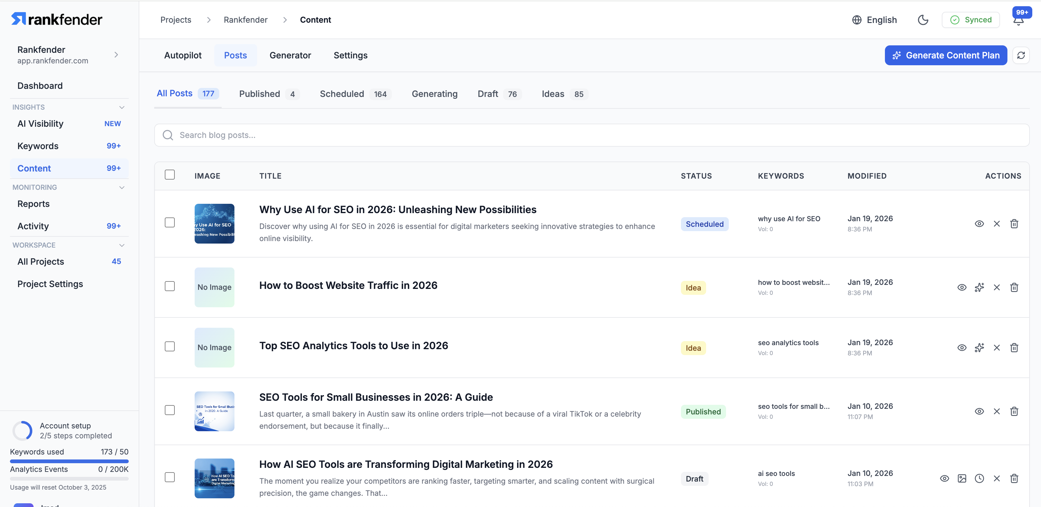Posts list showing articles with different statuses